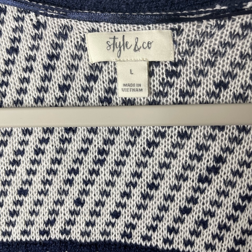 Style & Co Top Large Blue White Open Knit Kimono Topper Fringe Boho - Picture 8 of 9